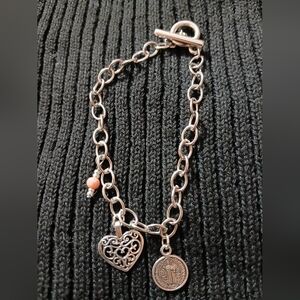 Silver Heart & Saint Benedict  Charm Bracelet